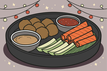 14 Asian appetizer platter, spring rolls, dipping sauces, meatballs, carrots, cucumber slices, bokeh lights background, festive atmosphere, dark circular serving tray, close-up food photography, rich 