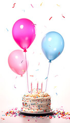 birthday party balloons with confetti and cake on light - , with white tonespng