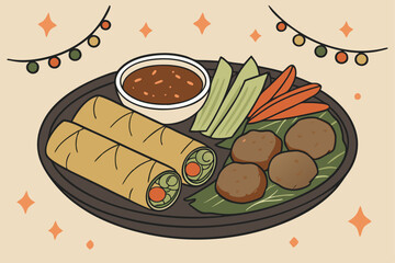 14 Asian appetizer platter, spring rolls, dipping sauces, meatballs, carrots, cucumber slices, bokeh lights background, festive atmosphere, dark circular serving tray, close-up food photography, rich 