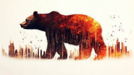 Fiery Bear Cityscape Double Exposure