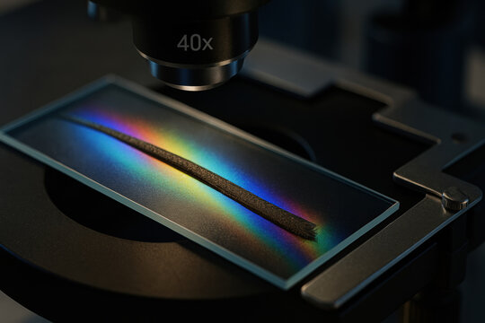 Close up of hair strand on microscope slide with colorful light reflection, showing detailed texture under 40x magnification
