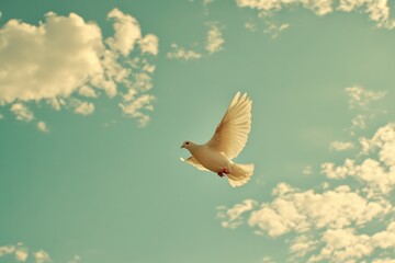 White dove flies freely in vintage style sky with fluffy clouds. Use this for peace, hope, or freedom themed designs and projects.