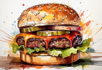Classic American hamburger sketched with ink and watercolor on paper, loose brushstrokes, dripping sauces