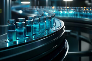 Vaccine vials on a modern production line pharmaceutical manufacturing technology