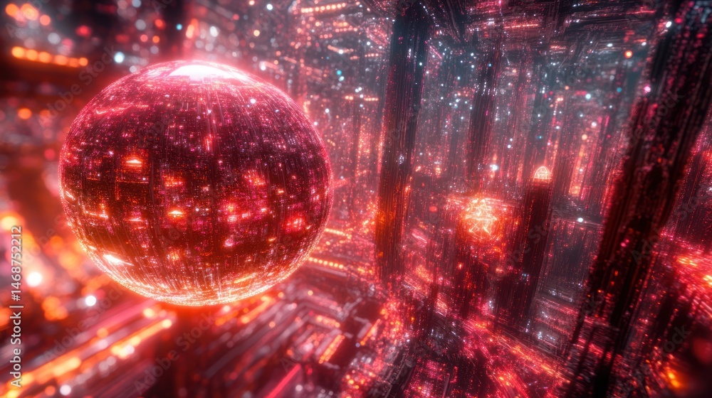Wall mural a futuristic sphere floating in a complex glowing environment