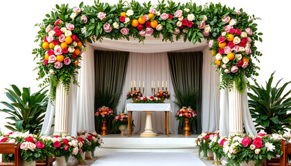Italian wedding decoration. Green eucalyptus, oranges and pink flowers decorate wedding altar , with white tonespng