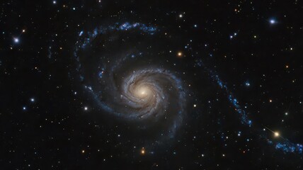 A distant spiral galaxy with bright center and swirling arms against a star filled dark background