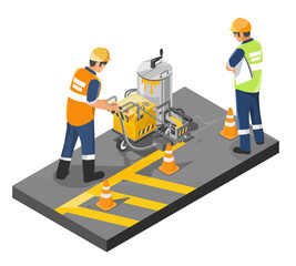 Fototapeta premium Construction workers operating a traffic line marking machine to paint yellow road stripes during street maintenance while ensuring safety with cones and supervision isometric cartoon
