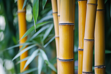 Obraz premium Golden Bamboo Stalks Green Leaves Nature Serenity