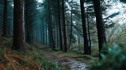Obraz premium forest, tree, nature, trees, landscape, wood, woods, green, pine, autumn, path, park, spring, fog, road, woodland, light, sun, foliage, season, fall, summer, leaf, sunlight, sunny
