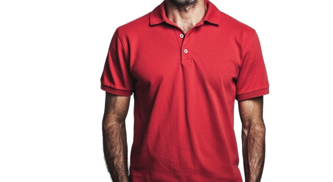 Png of A middle-aged Caucasian man in a solid red polo shirt poses confidently against a plain background.