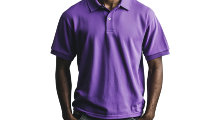Png of A male model of African descent wearing a stylish purple polo shirt, showcasing casual elegance and vibrant color.