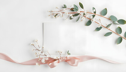 Styled stock photo. Feminine wedding desktop stationery mockup with blank greeting card, baby's breath Gypsophila flowers, dry green eucalyptus leaves, satin ribbon and white background. Empty space
