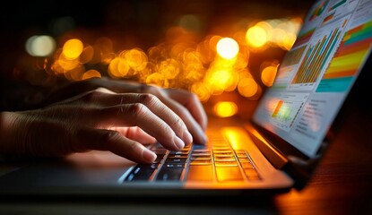 Close-Up of Hands Typing on a Laptop with Colorful Charts and Blurred Background