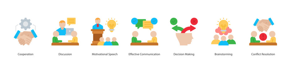 Collaborative Communication web banner icon sheet vector cooperation, discussion, motivational speech, effective communication, decision making, brainstorming, conflict resolution