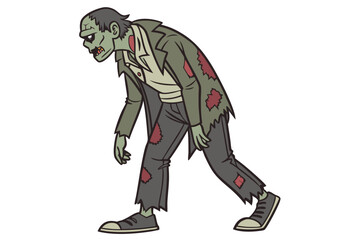 17 Zombie, decaying flesh, tattered clothing, green skin, blood stains, torn jacket, exposed ribs, hunched posture, menacing expression, undead monster, horror illustration, detailed drawing, comic bo