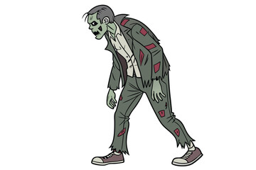 17 Zombie, decaying flesh, tattered clothing, green skin, blood stains, torn jacket, exposed ribs, hunched posture, menacing expression, undead monster, horror illustration, detailed drawing, comic bo