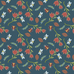 seamless bee floral and leaves pattern