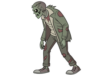 17 Zombie, decaying flesh, tattered clothing, green skin, blood stains, torn jacket, exposed ribs, hunched posture, menacing expression, undead monster, horror illustration, detailed drawing, comic bo