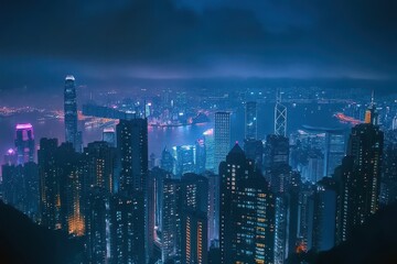 Obraz premium Stunning panoramic view of Hong Kong skyline at night showcasing vibrant city lights and modern architecture, Hong Kong at night skyline panorama timelapse Modern city aerial background