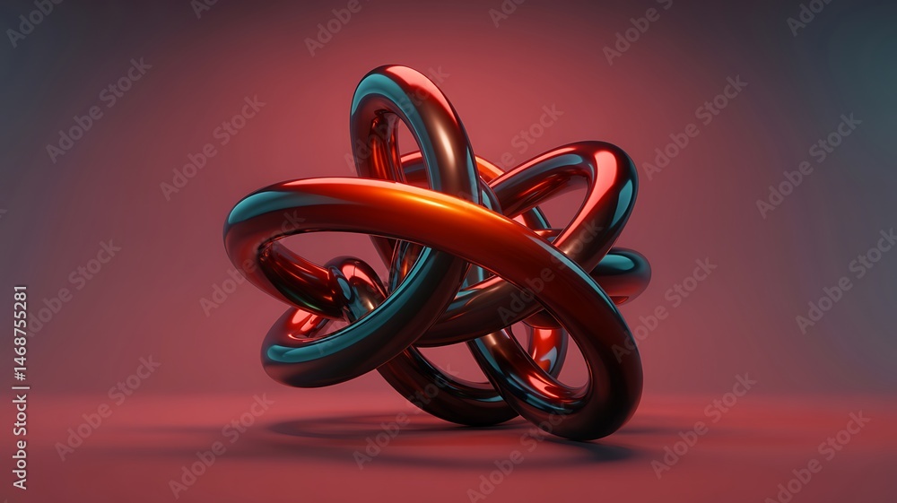 Poster abstract metallic knot sculpture with red background and glossy finish a modern 3d render design