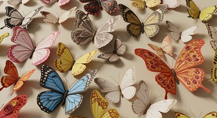 Colorful Paper Butterflies on Beige Background