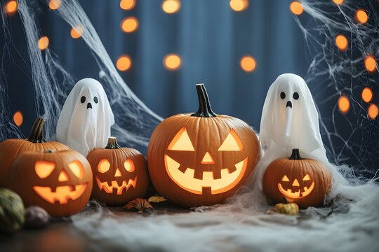 Festive halloween scene with glowing carved pumpkins and playful ghost decorations