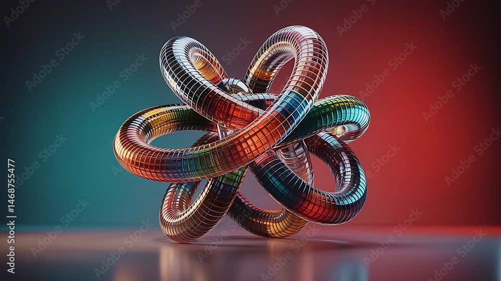 Poster abstract metallic knot sculpture colorful geometric design on reflective surface artistic 3d renderi