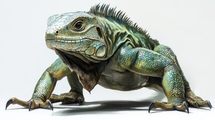 Obraz premium Green iguana posing, studio shot, white background, reptile
