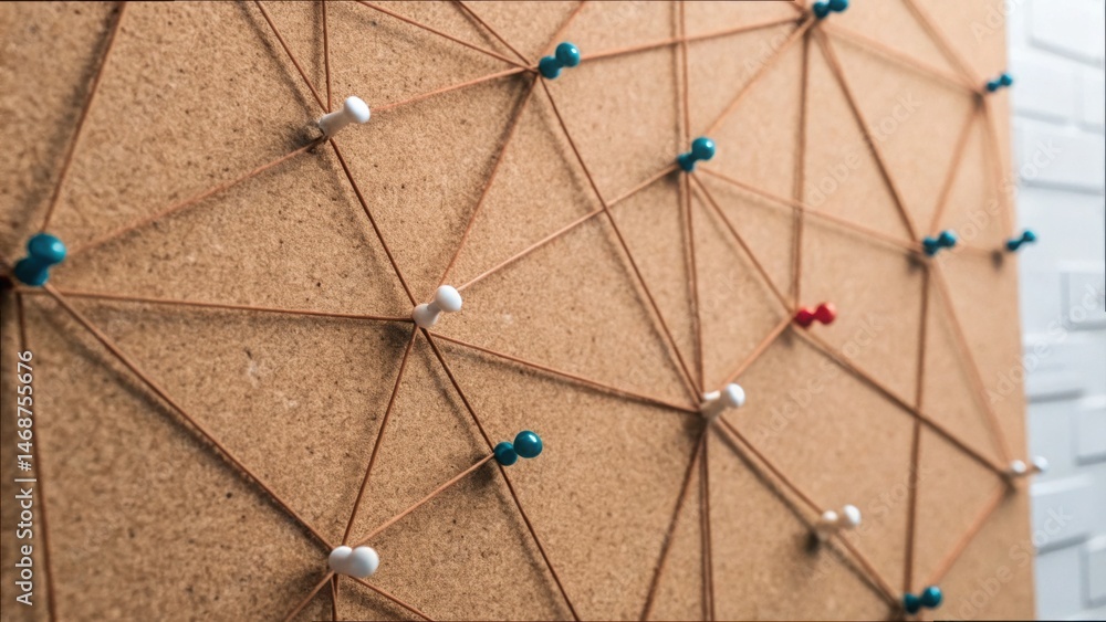 Poster Abstract Map Connection with Strings and Pins on Cork Board