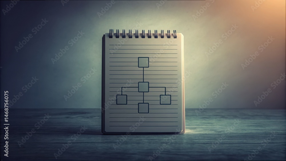 Poster Conceptual Flowchart Sketch in Notebook on Wooden Desk