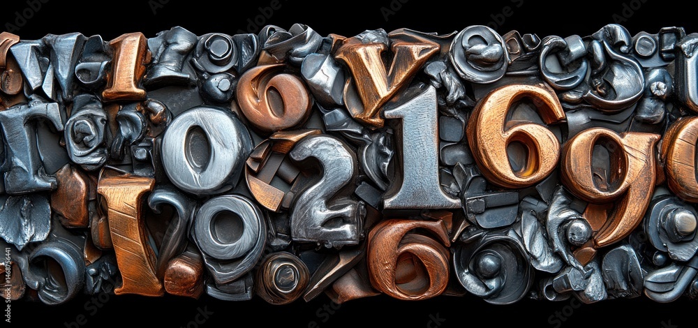 Poster abstract composition of metallic numbers and letters
