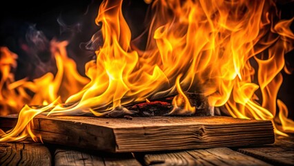 Intense flames engulfing a piece of wood in the foreground with a darkened background, warm glow, wood,  warm glow, wood