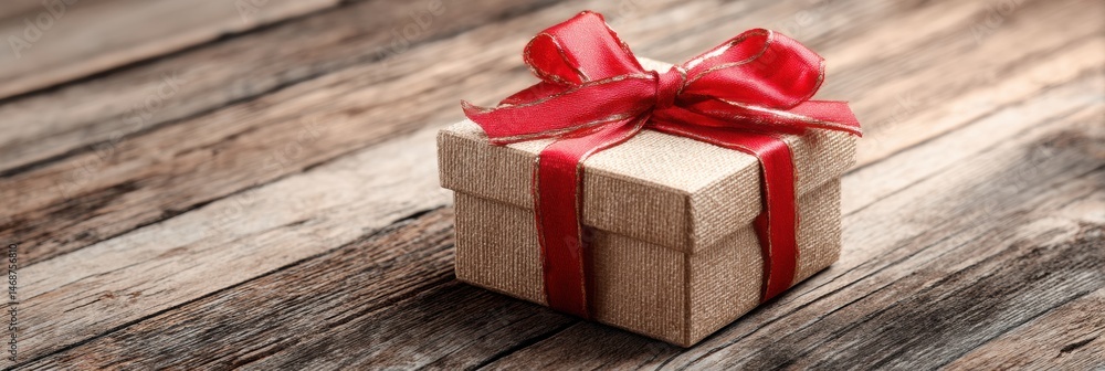 Poster gift box with red ribbon placed on rustic wooden table under soft light generative ai