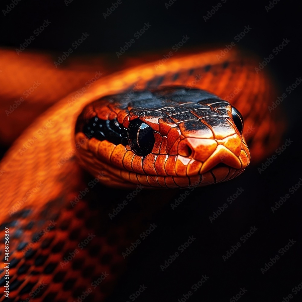 Poster colorful snake resting on a surface highlighting its vibrant scales and intricate patterns in a dark
