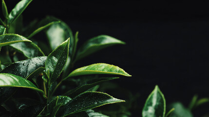 Closeup of Dewy Green Tea Leaves on Black Background