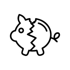 Minimalist Line Art Broken Piggy Bank Icon – Savings Loss Symbol Outline