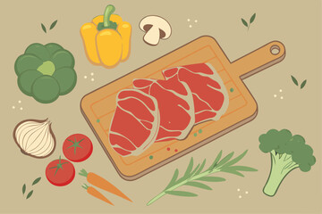 18 Raw beef steaks, wooden cutting board, fresh vegetables, colorful bell peppers, broccoli, carrots, tomatoes, garlic, herbs, vibrant colors, realistic textures, food photography, top-down view, high
