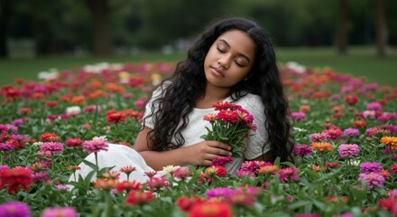 Naklejka premium Teen girl sits in a vibrant flower field, peaceful and serene