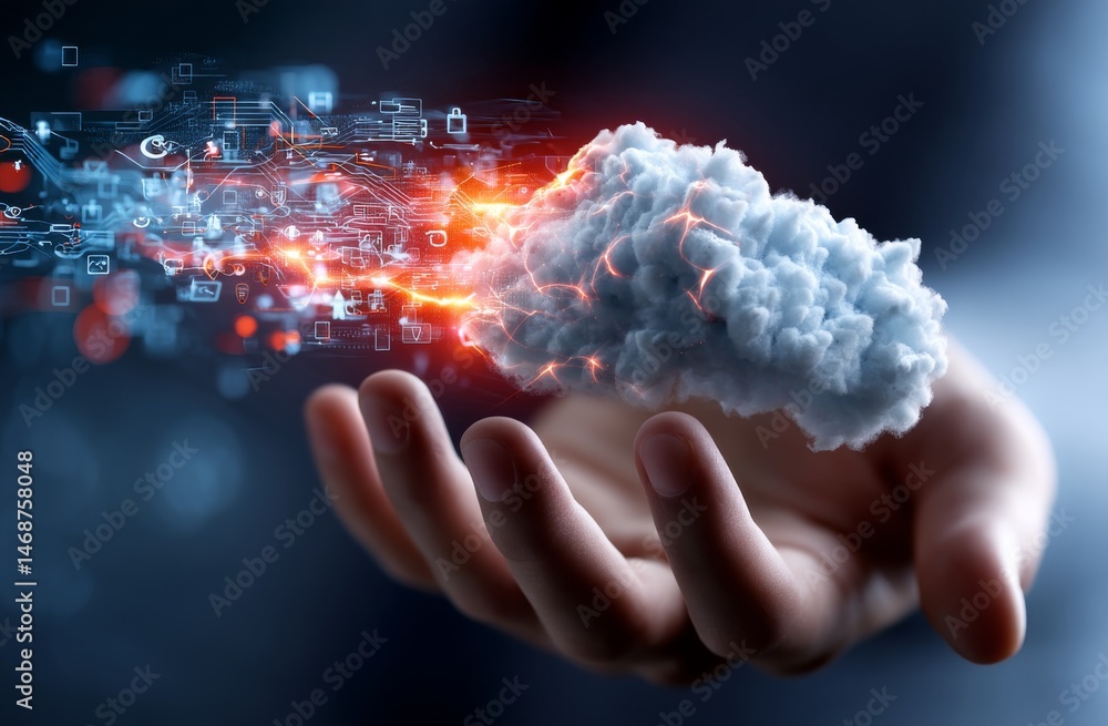 Poster hand holding abstract cloud with digital code for cloud technology