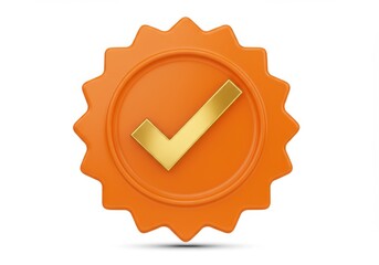 Orange Seal of Approval with Gold Check Mark 3D Render Isolated on White Background