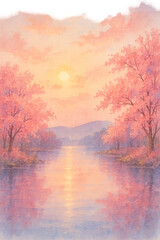 桜と夕日が映る湖の風景 / Lake Reflecting Cherry Blossoms and Sunset