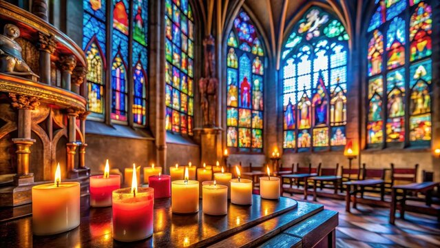 Aromatic candles surrounding a stunning stained glass window in the Church of St Simon and Alena, spiritual