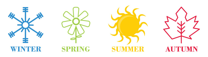 Four seasons icons, signs, symbols. Winter spring summer autumn. Vector illustration.