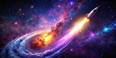Blazing rocket explodes in cosmic night sky with vibrant purple flames bursting into infinity, universe, galaxy,  universe