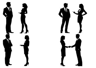 Business-themed silhouettes showing stylish men and women standing tall in coordinated outfits. Trendy, modern, and ready for use in transparent design elements for e-commerce, career pages