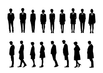 Vector silhouettes of professional men and women standing confidently in stylish business attire. Trendy and clean, perfect for corporate branding, presentations, or infographics