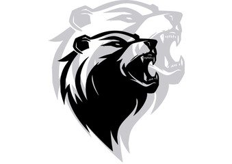 Stylized bear face roaring forward in clean vector lines, showing teeth and strength. Perfect for eSport branding and graphic tees, expressing resilience, wild power, and fearless leadership.