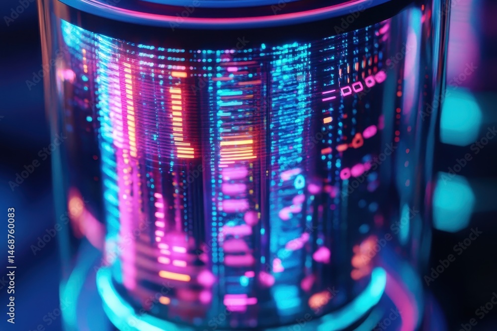 Aufkleber digital cylinder showcases vibrant neon lights and dynamic patterns in a futuristic setting, digital