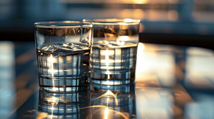 Two glasses of water, illuminated by warm light, sit on a reflective surface